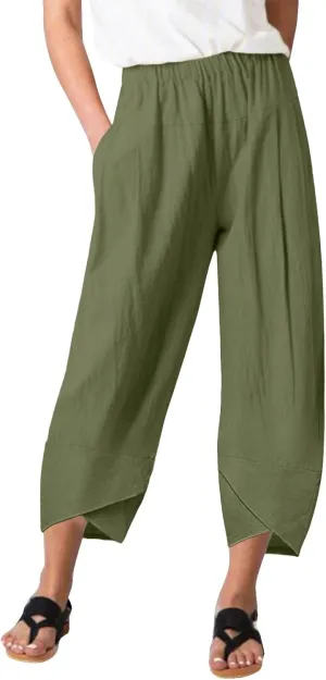Womens Cotton Linen Summer Printed Pant Trousers Elastic Waisted Stretchy Loose Fit Palazzo Pants Travel