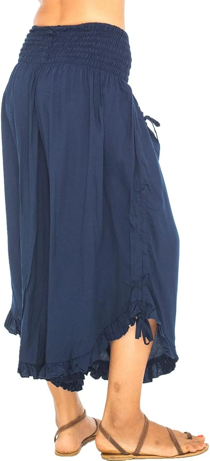 Womens Cotton Linen Wide Leg Pants Palazzo Plus Size Cropped Harem Pants Elastic Waist Capris Shorts with Pockets