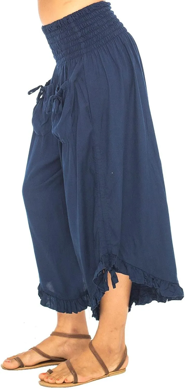 Womens Cotton Linen Wide Leg Pants Palazzo Plus Size Cropped Harem Pants Elastic Waist Capris Shorts with Pockets