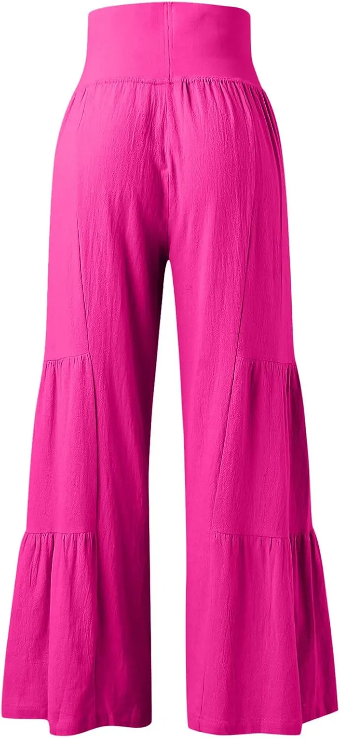 Womens Cotton Linen Wide Leg Pants Palazzo Plus Size Cropped Harem Pants Elastic Waist Capris Shorts with Pockets