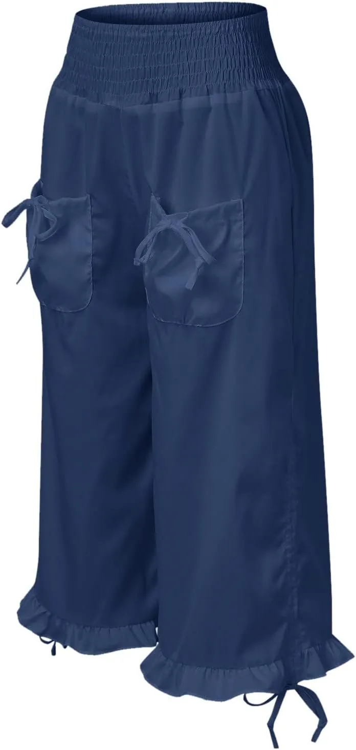 Womens Cotton Linen Wide Leg Pants Palazzo Plus Size Cropped Harem Pants Elastic Waist Capris Shorts with Pockets