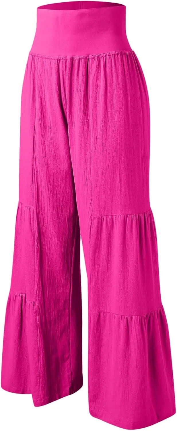 Womens Cotton Linen Wide Leg Pants Palazzo Plus Size Cropped Harem Pants Elastic Waist Capris Shorts with Pockets