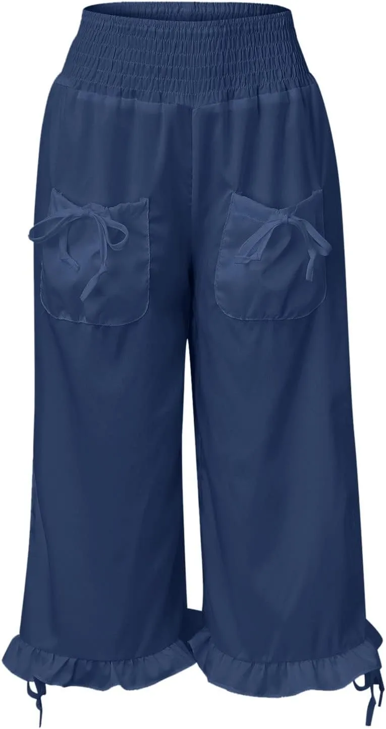Womens Cotton Linen Wide Leg Pants Palazzo Plus Size Cropped Harem Pants Elastic Waist Capris Shorts with Pockets