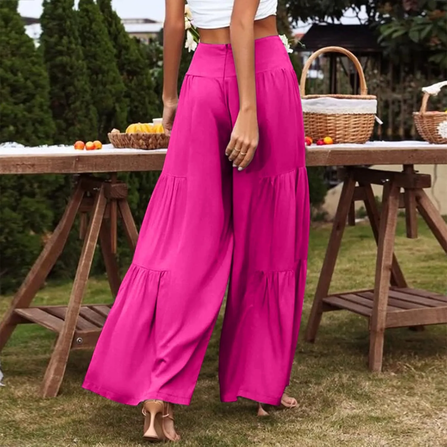 Womens Cotton Linen Wide Leg Pants Palazzo Plus Size Cropped Harem Pants Elastic Waist Capris Shorts with Pockets