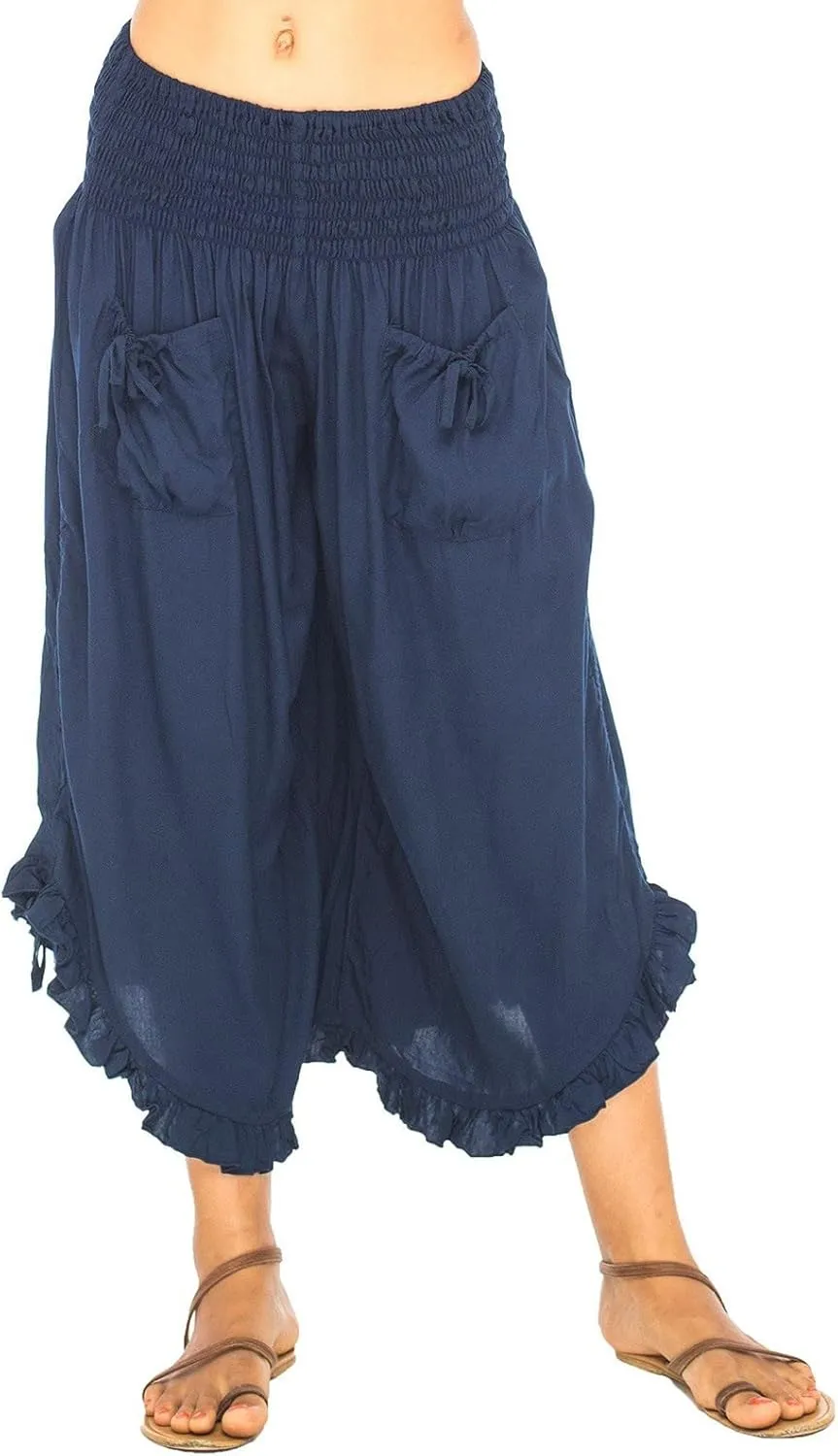 Womens Cotton Linen Wide Leg Pants Palazzo Plus Size Cropped Harem Pants Elastic Waist Capris Shorts with Pockets