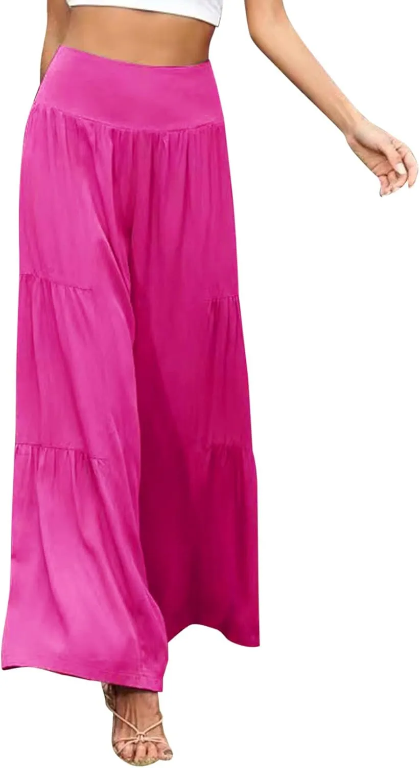 Womens Cotton Linen Wide Leg Pants Palazzo Plus Size Cropped Harem Pants Elastic Waist Capris Shorts with Pockets