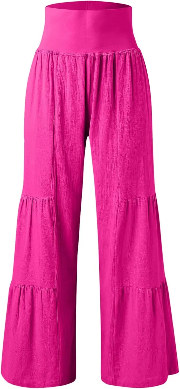 Womens Cotton Linen Wide Leg Pants Palazzo Plus Size Cropped Harem Pants Elastic Waist Capris Shorts with Pockets