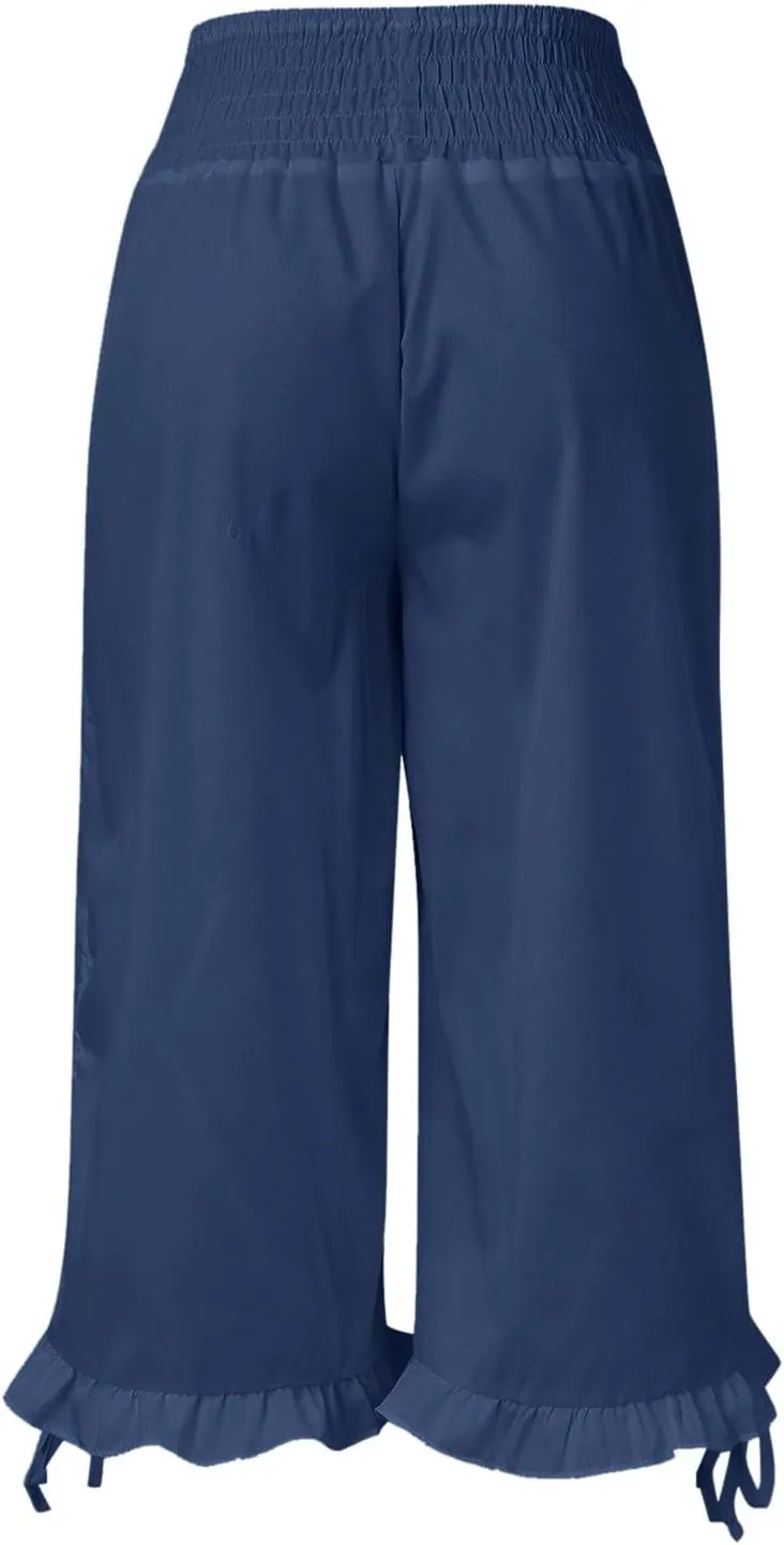 Womens Cotton Linen Wide Leg Pants Palazzo Plus Size Cropped Harem Pants Elastic Waist Capris Shorts with Pockets