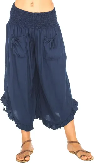 Womens Cotton Linen Wide Leg Pants Palazzo Plus Size Cropped Harem Pants Elastic Waist Capris Shorts with Pockets