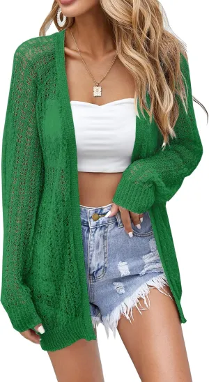 Women's Crochet Cardigan Sweater Long Sleeve Open Front Lightweight Boho Cover Up Summer Knit Cardigans