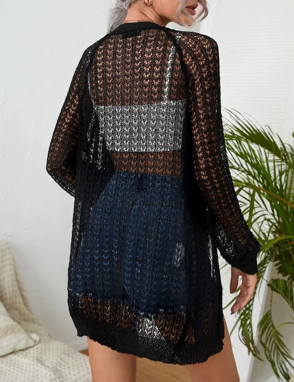Women's Crochet Cardigan Sweater Long Sleeve Open Front Lightweight Boho Cover Up Summer Knit Cardigans