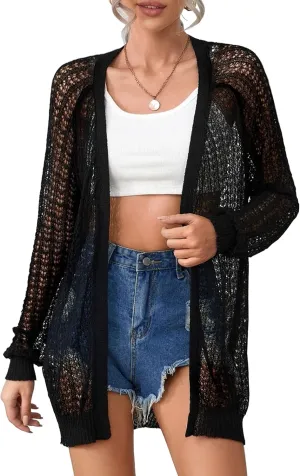 Women's Crochet Cardigan Sweater Long Sleeve Open Front Lightweight Boho Cover Up Summer Knit Cardigans