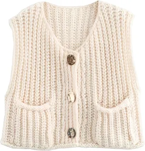 Womens Crochet Chunky Knit Top Sleeveless Button Down Crop Tops Trendy Cardigan Sweater Vest for Women with Pockets