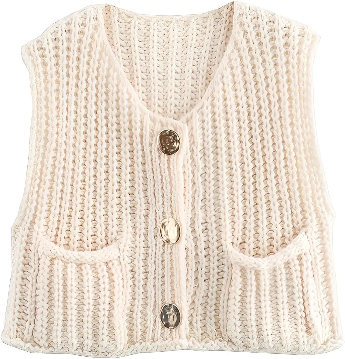 Womens Crochet Chunky Knit Top Sleeveless Button Down Crop Tops Trendy Cardigan Sweater Vest for Women with Pockets