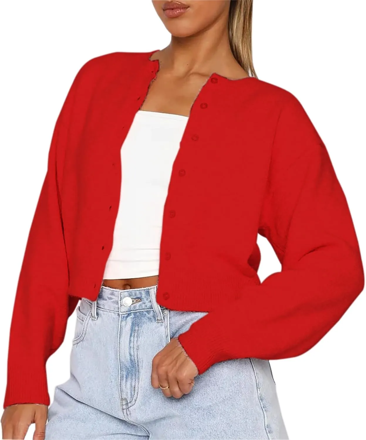 Womens Cropped Cardigan Sweater Open Front Button Down Shirts Long Sleeve Crop Tops Loose Fit Casual Outfits 2024