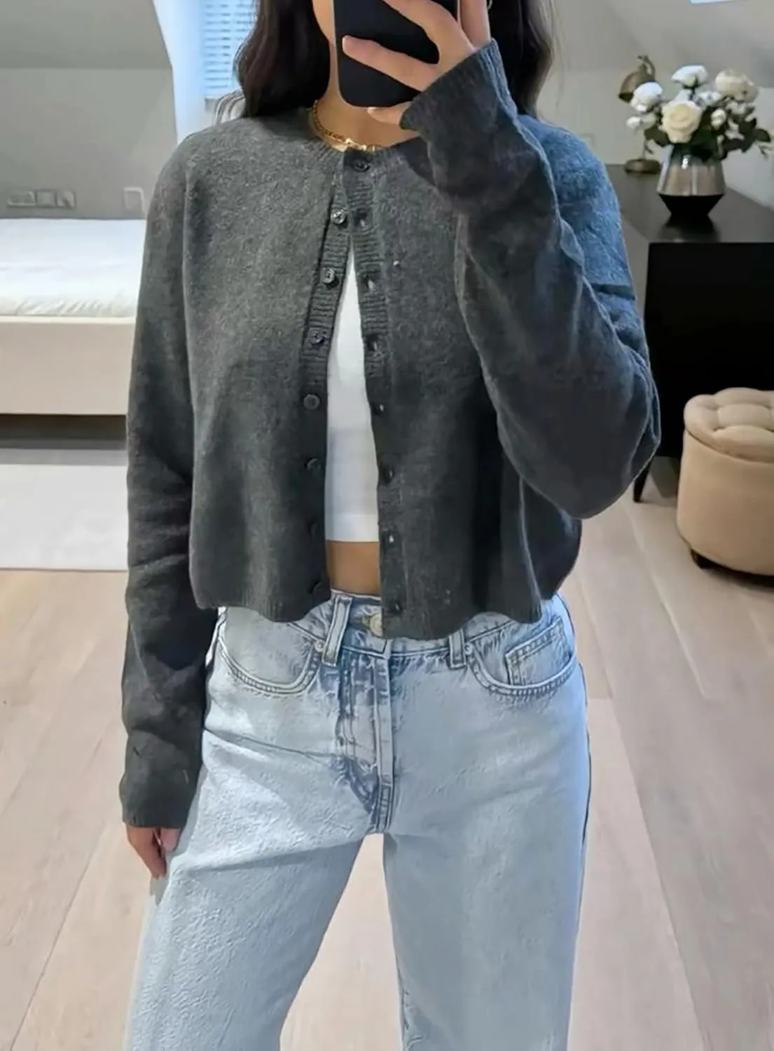 Womens Cropped Cardigan Sweater Open Front Button Down Shirts Long Sleeve Crop Tops Loose Fit Casual Outfits 2024