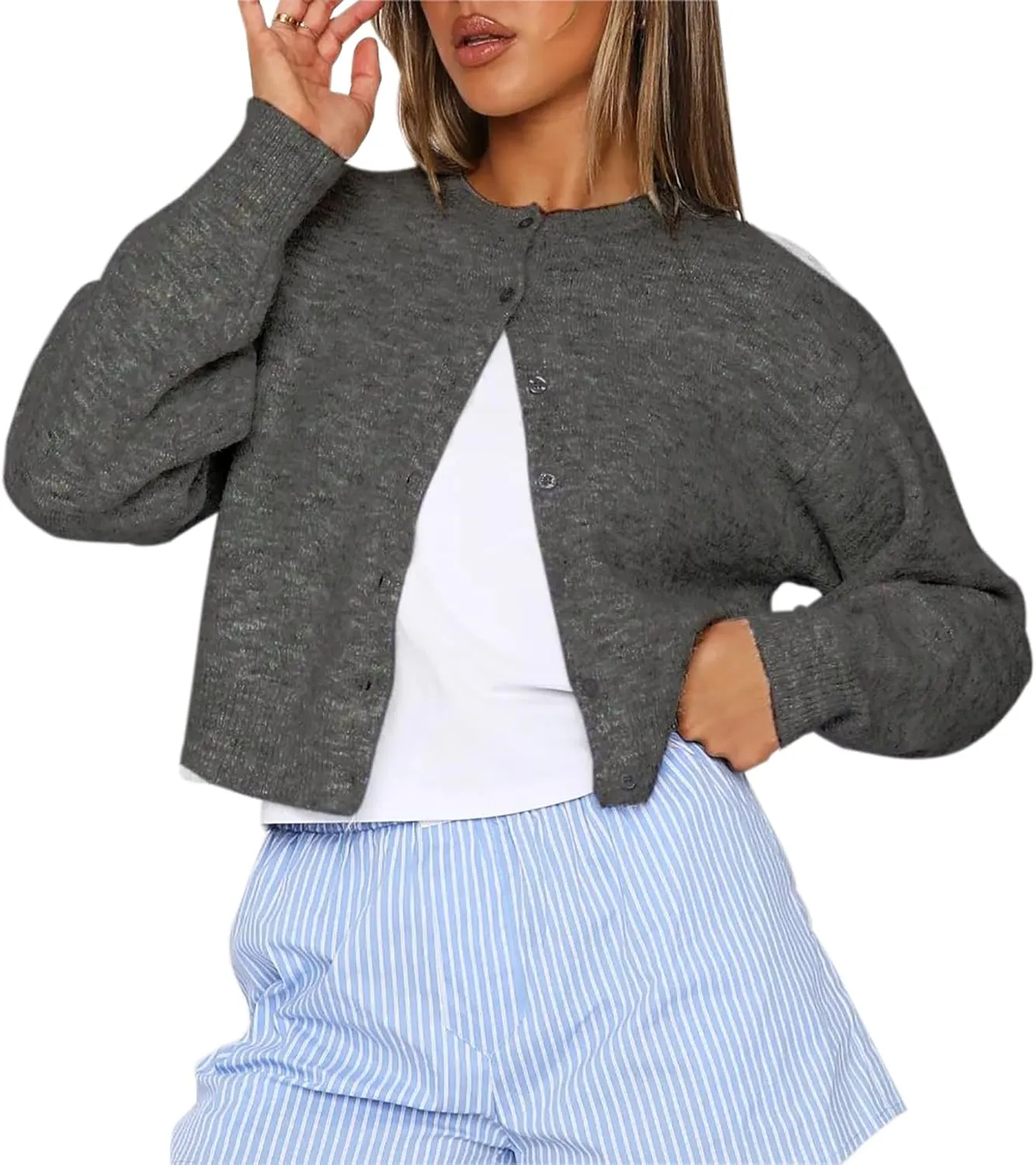 Womens Cropped Cardigan Sweater Open Front Button Down Shirts Long Sleeve Crop Tops Loose Fit Casual Outfits 2024