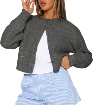 Womens Cropped Cardigan Sweater Open Front Button Down Shirts Long Sleeve Crop Tops Loose Fit Casual Outfits 2024