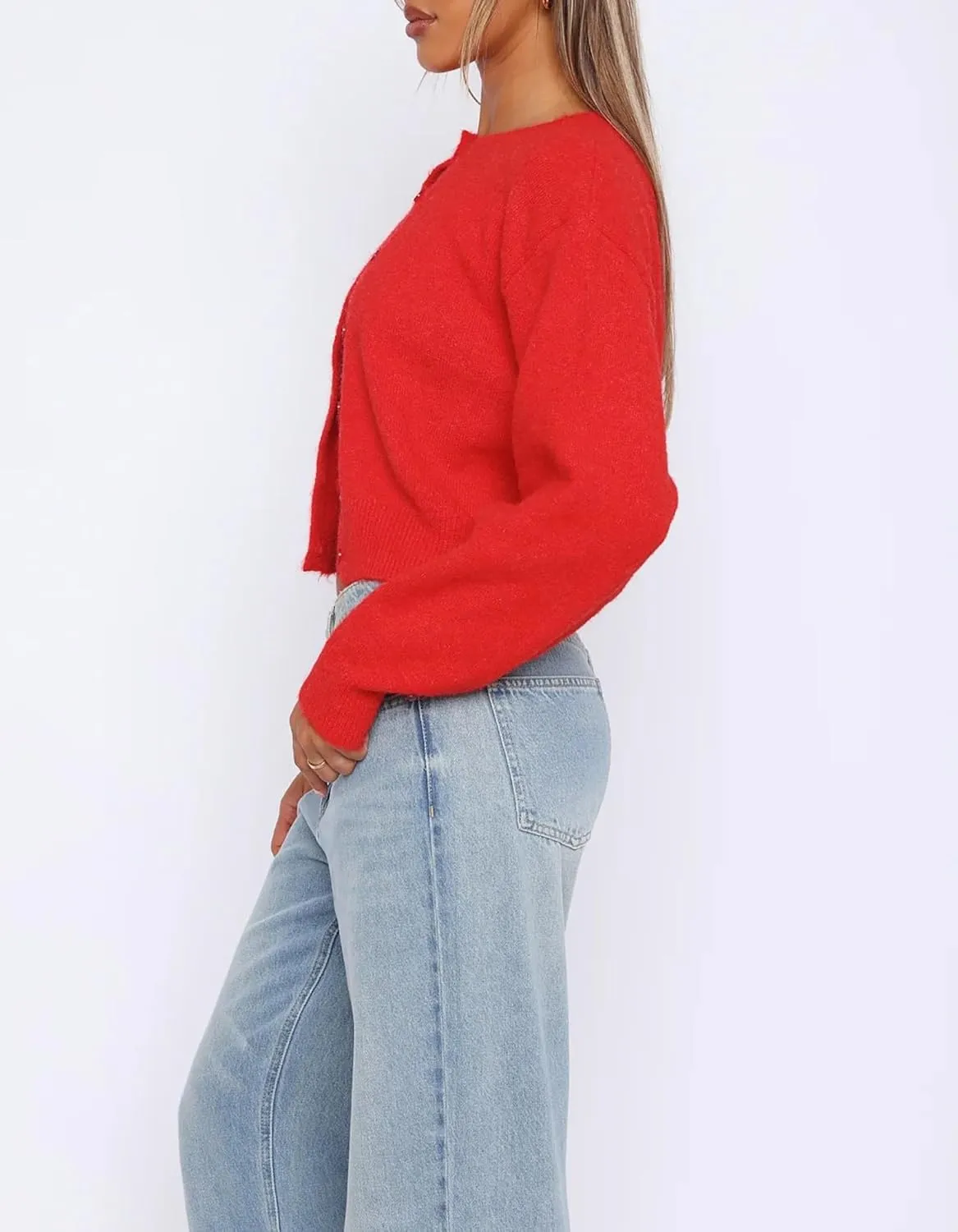 Womens Cropped Cardigan Sweater Open Front Button Down Shirts Long Sleeve Crop Tops Loose Fit Casual Outfits 2024