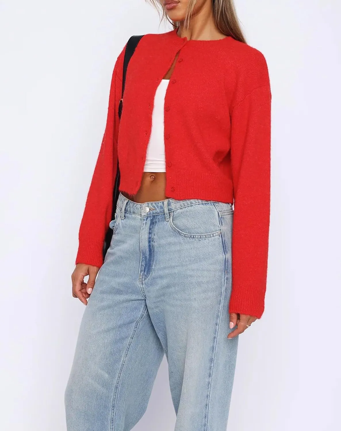 Womens Cropped Cardigan Sweater Open Front Button Down Shirts Long Sleeve Crop Tops Loose Fit Casual Outfits 2024