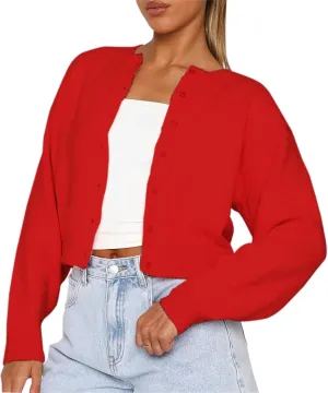 Womens Cropped Cardigan Sweater Open Front Button Down Shirts Long Sleeve Crop Tops Loose Fit Casual Outfits 2024