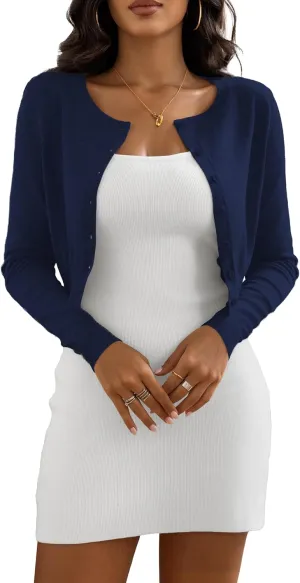 Women's Cropped Cardigan Sweaters Crew Neck Button Down Open Front Knit Bolero Shrugs