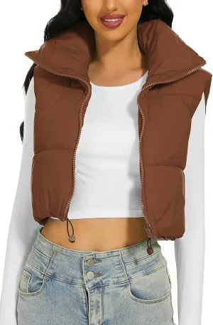 Womens Cropped Puffer Vest Stand Collar Zip Up Lightweight Winter Puffy Jacket Vests Outerwear
