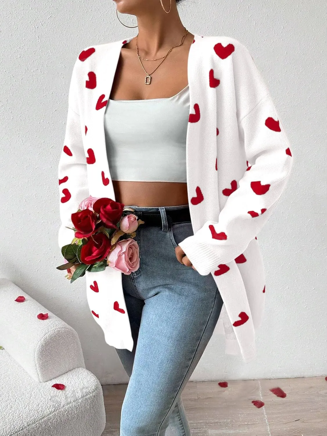 Womens Cute Heart Cardigans Oversized Long Sleeve Open Front Knit Sweaters