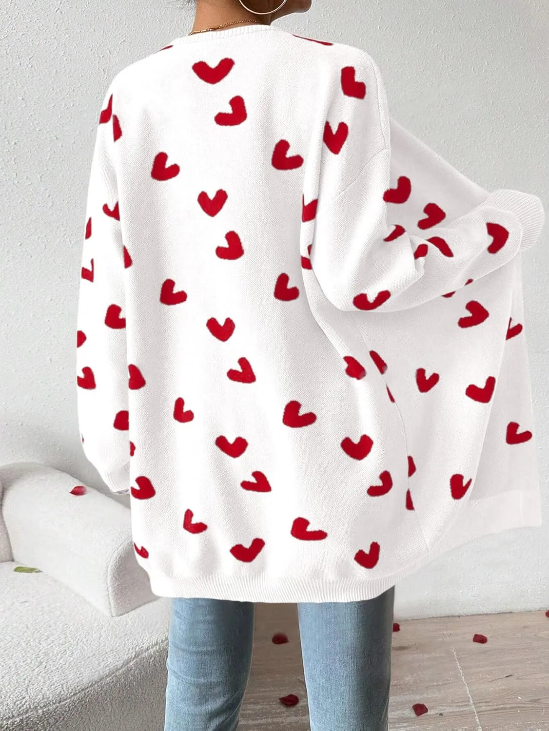 Womens Cute Heart Cardigans Oversized Long Sleeve Open Front Knit Sweaters