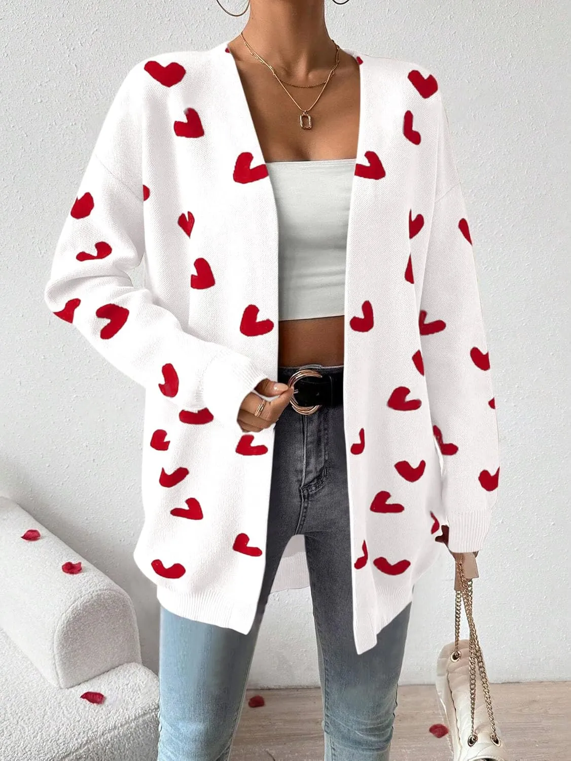 Womens Cute Heart Cardigans Oversized Long Sleeve Open Front Knit Sweaters