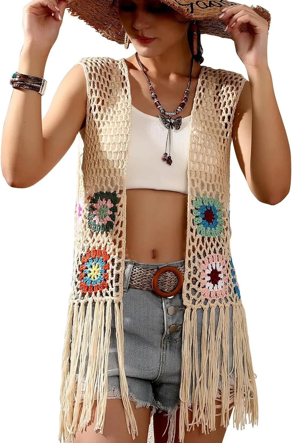 Women's Floral Crochet Hollow Out Sleeveless Fringe Boho Retro-Look Handmade Cardigan Vest Tassels