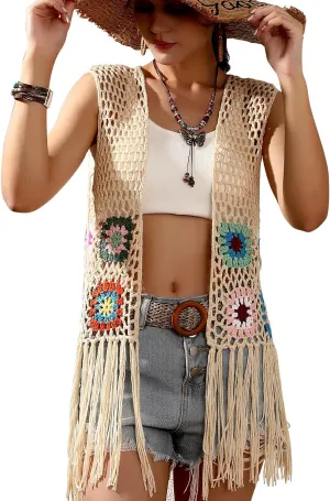 Women's Floral Crochet Hollow Out Sleeveless Fringe Boho Retro-Look Handmade Cardigan Vest Tassels