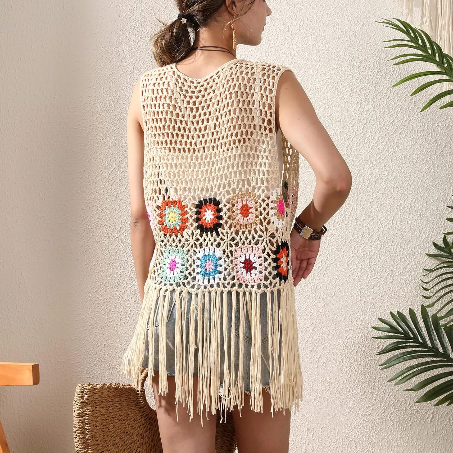 Women's Floral Crochet Hollow Out Sleeveless Fringe Boho Retro-Look Handmade Cardigan Vest Tassels