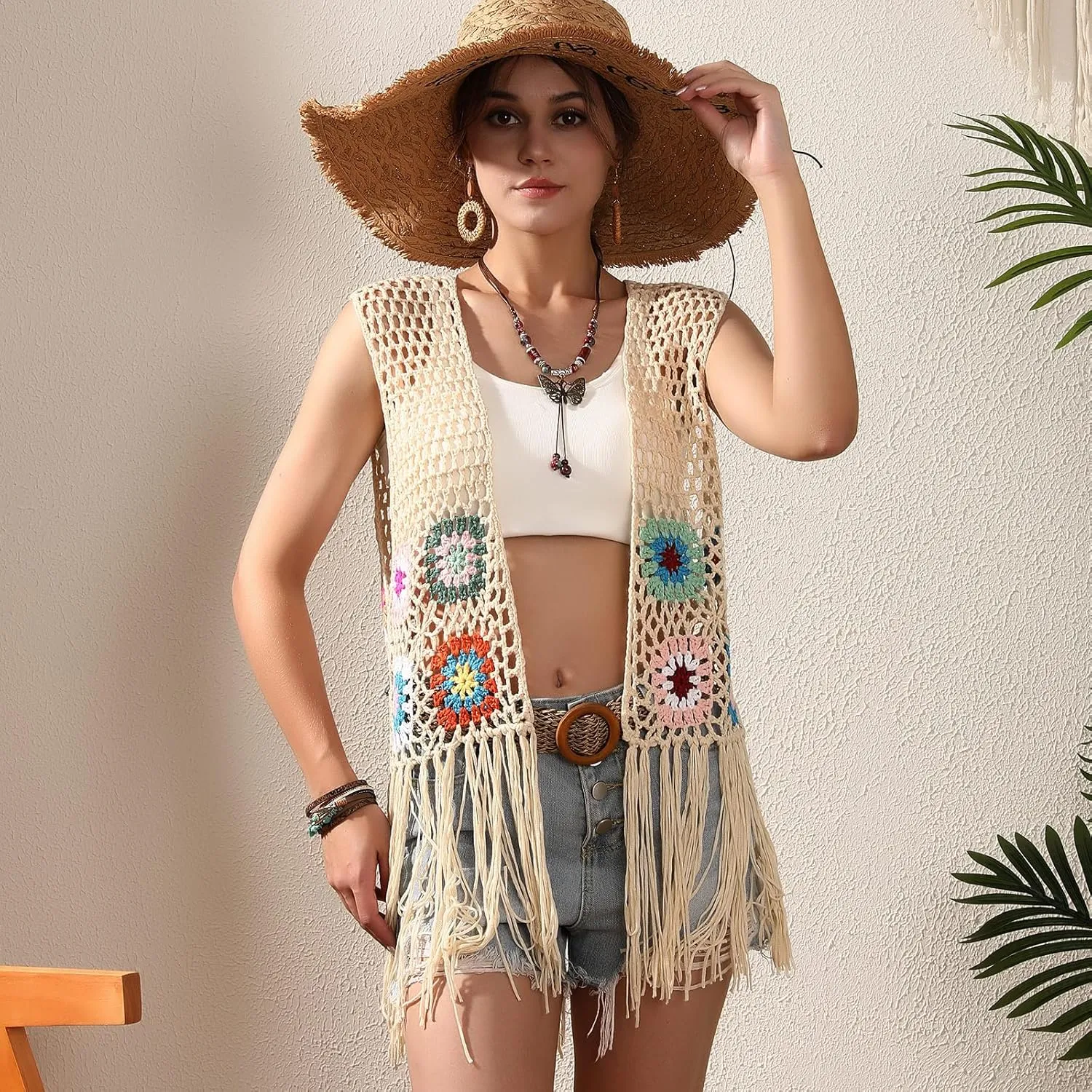 Women's Floral Crochet Hollow Out Sleeveless Fringe Boho Retro-Look Handmade Cardigan Vest Tassels