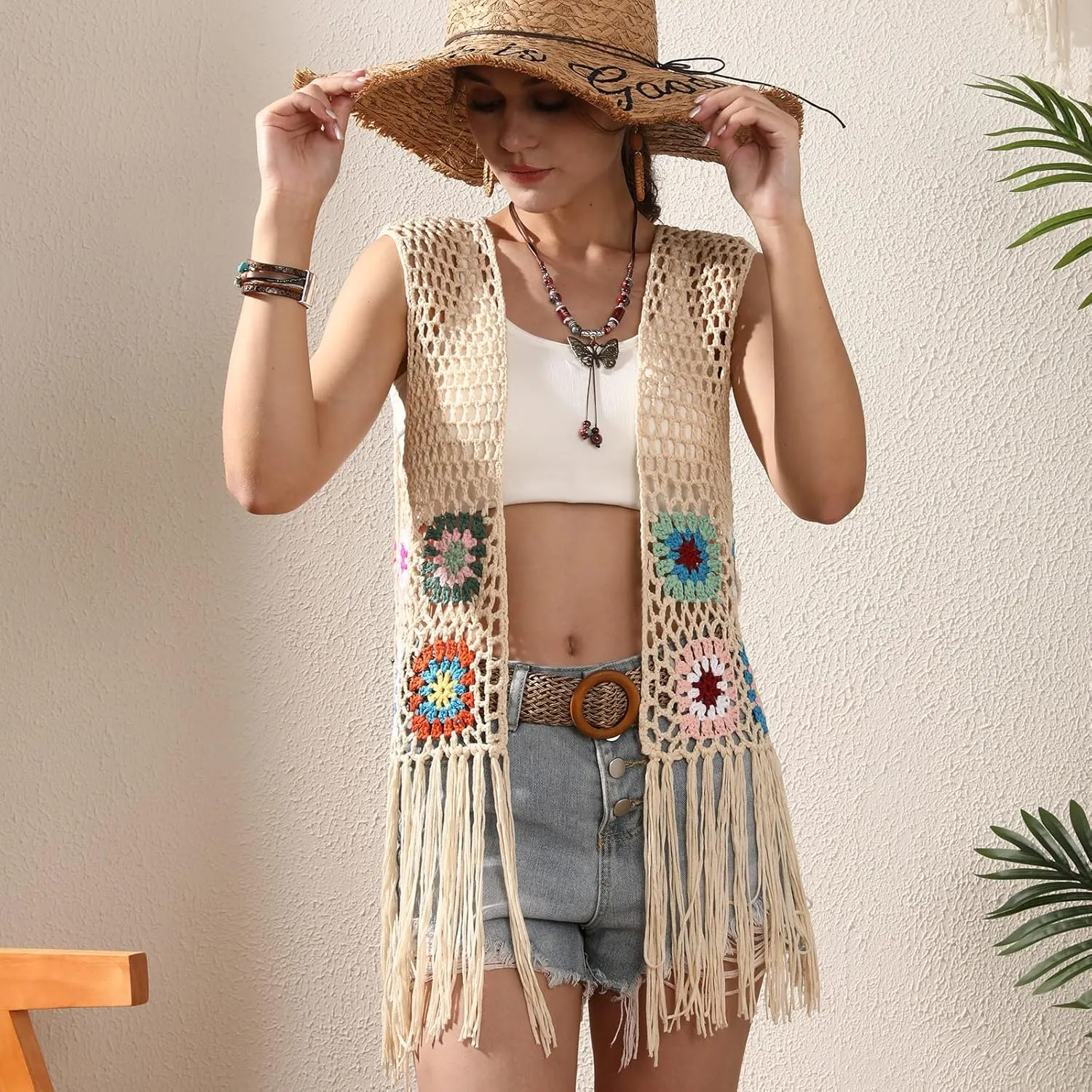 Women's Floral Crochet Hollow Out Sleeveless Fringe Boho Retro-Look Handmade Cardigan Vest Tassels