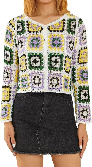 Womens Granny Square Knit Cardigan Crochet Square Print Long Sleeve Jumper V-Neck Button Hollow Out Knitwear Sweater
