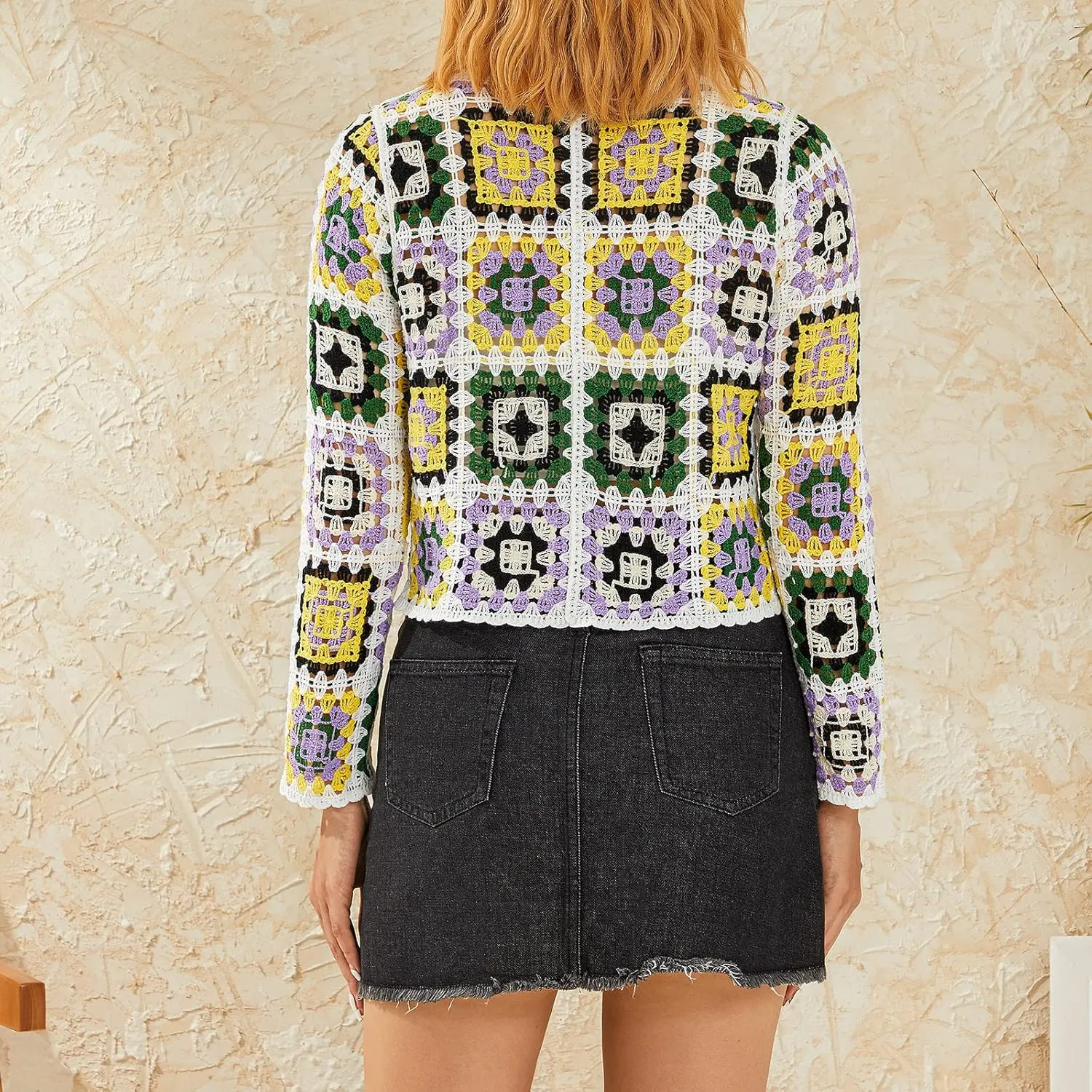 Womens Granny Square Knit Cardigan Crochet Square Print Long Sleeve Jumper V-Neck Button Hollow Out Knitwear Sweater