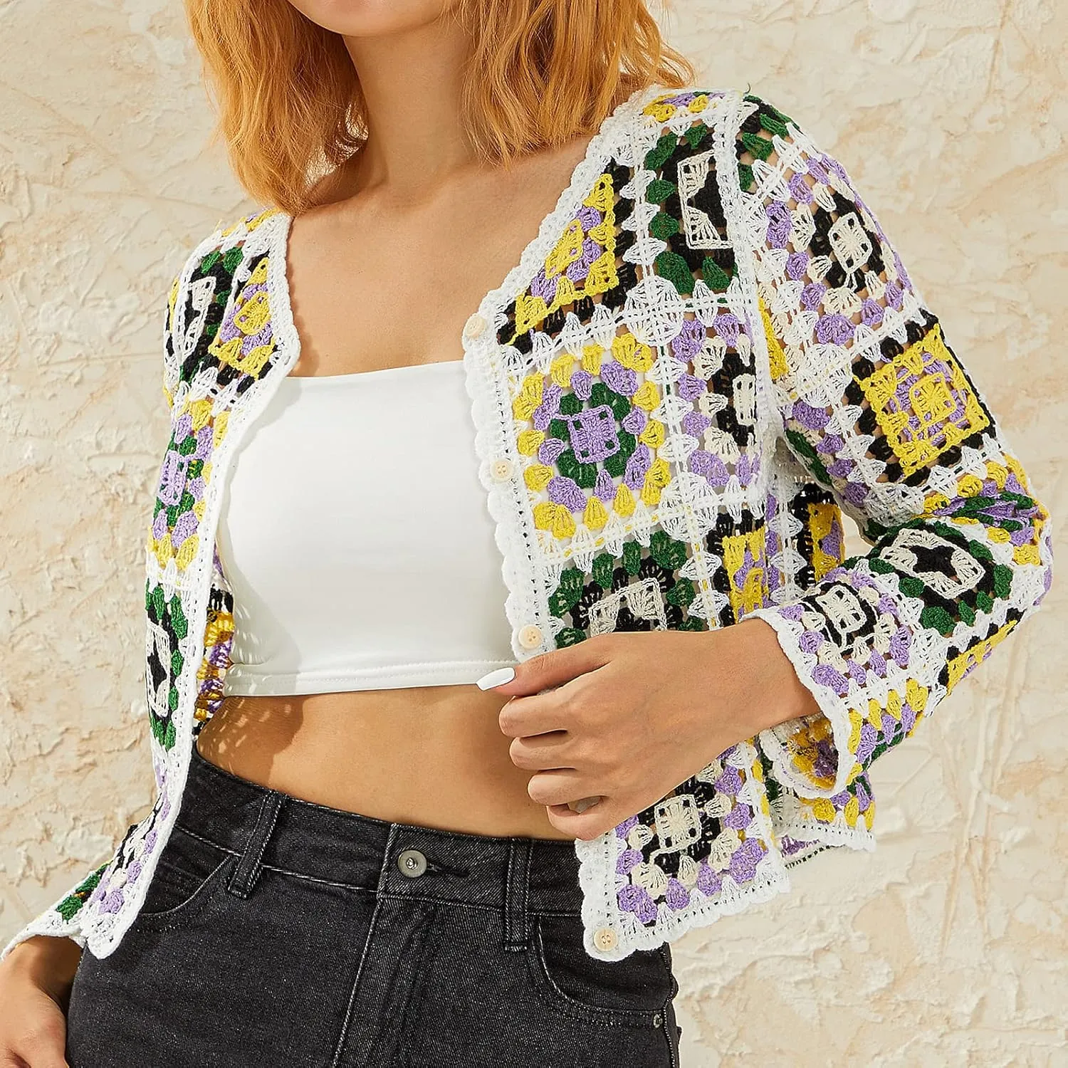 Womens Granny Square Knit Cardigan Crochet Square Print Long Sleeve Jumper V-Neck Button Hollow Out Knitwear Sweater