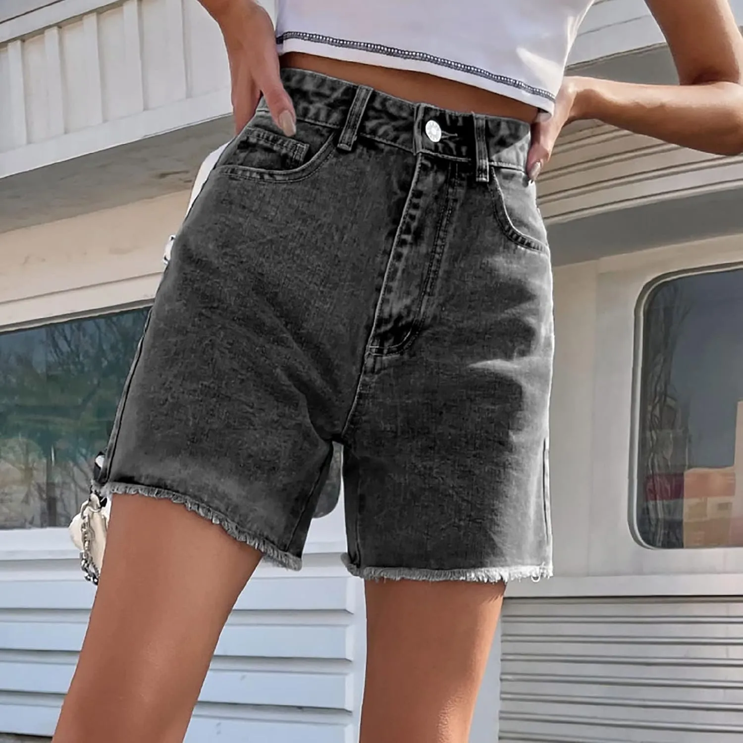 Women's High Waist Ripped Denim Shorts Frayed Hem Destroyed Mid Thigh Short Jeans Casual Shorts with Pockets