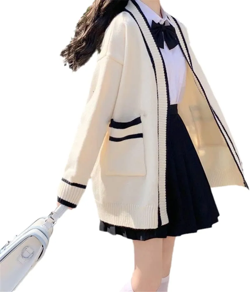 Womens Japan Cute Cardigan Sweater Kawaii JK Uniform Open Front Cardigan with Buttons Aesthetic Long Sleeve Loose Jackets
