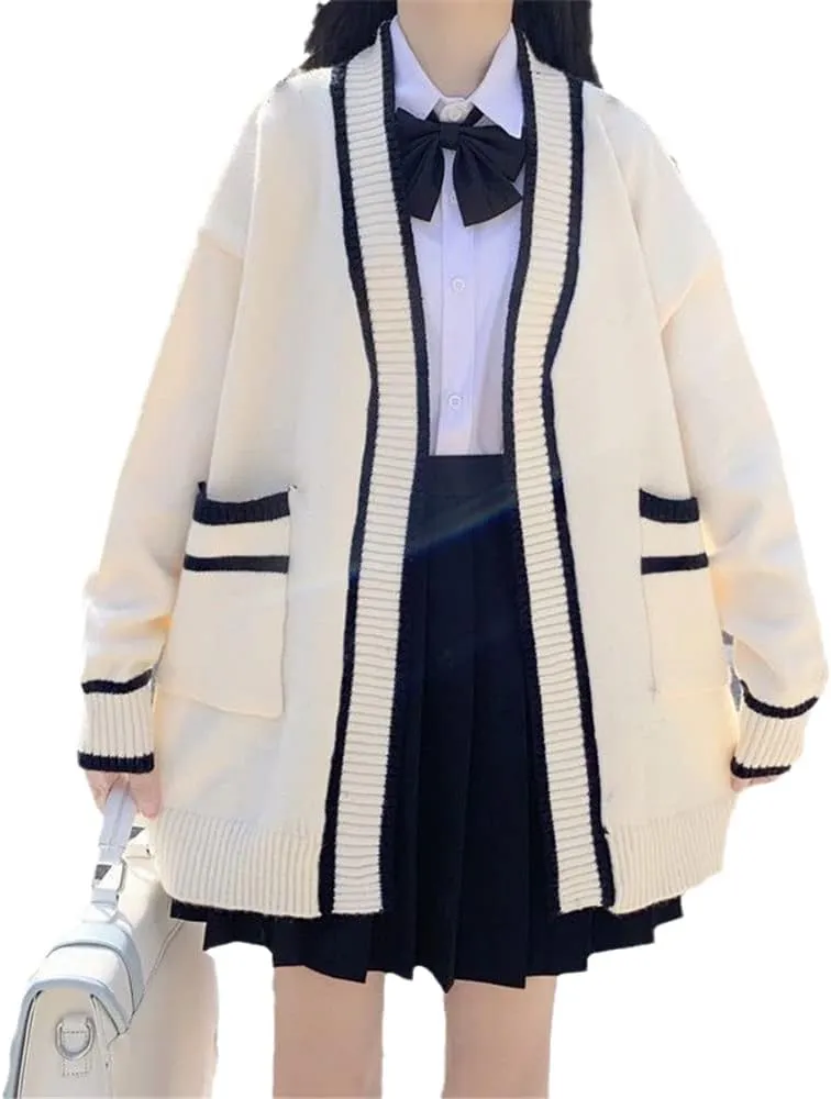 Womens Japan Cute Cardigan Sweater Kawaii JK Uniform Open Front Cardigan with Buttons Aesthetic Long Sleeve Loose Jackets