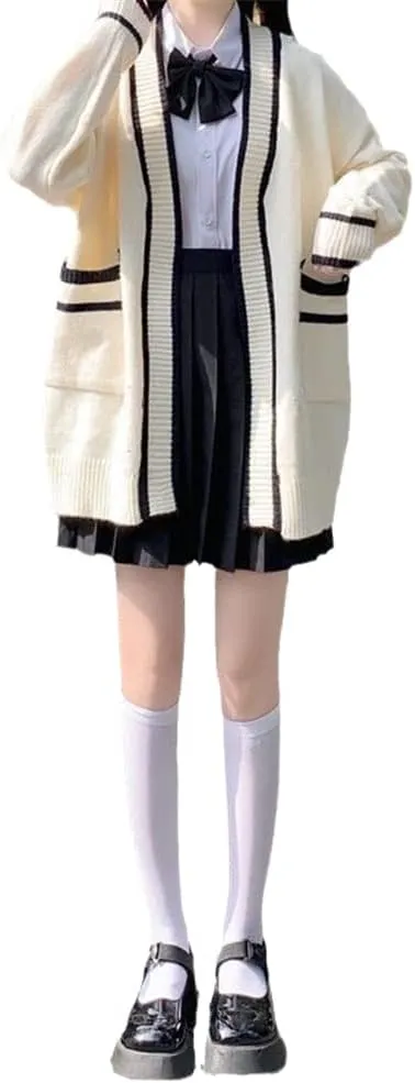 Womens Japan Cute Cardigan Sweater Kawaii JK Uniform Open Front Cardigan with Buttons Aesthetic Long Sleeve Loose Jackets