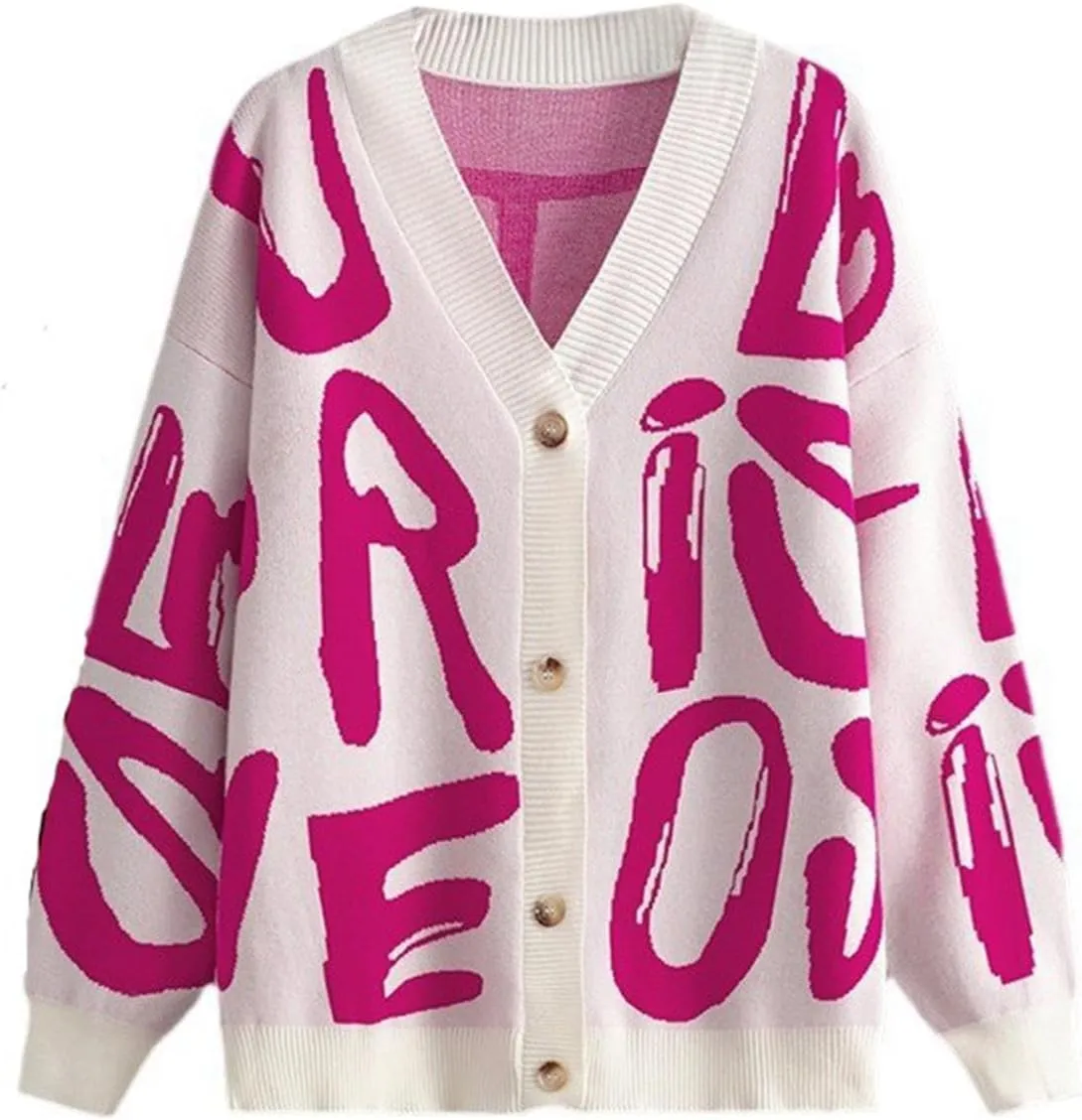 Women's Knit Long Sleeve Open Front Cardigan V-Neck Button Down Letter Pattern Sweater Coat Outwear