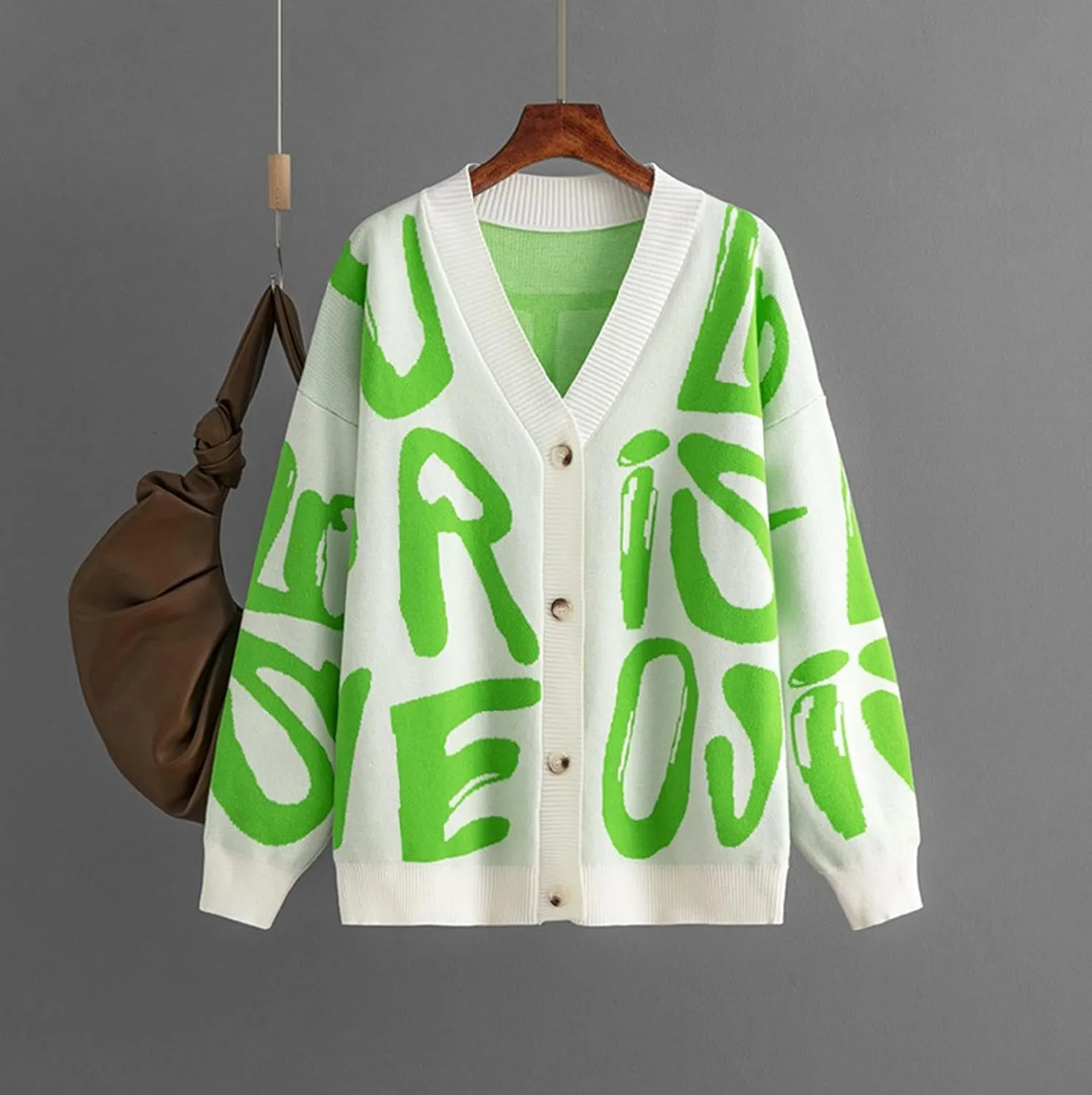 Women's Knit Long Sleeve Open Front Cardigan V-Neck Button Down Letter Pattern Sweater Coat Outwear