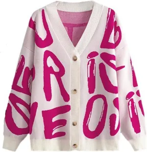 Women's Knit Long Sleeve Open Front Cardigan V-Neck Button Down Letter Pattern Sweater Coat Outwear