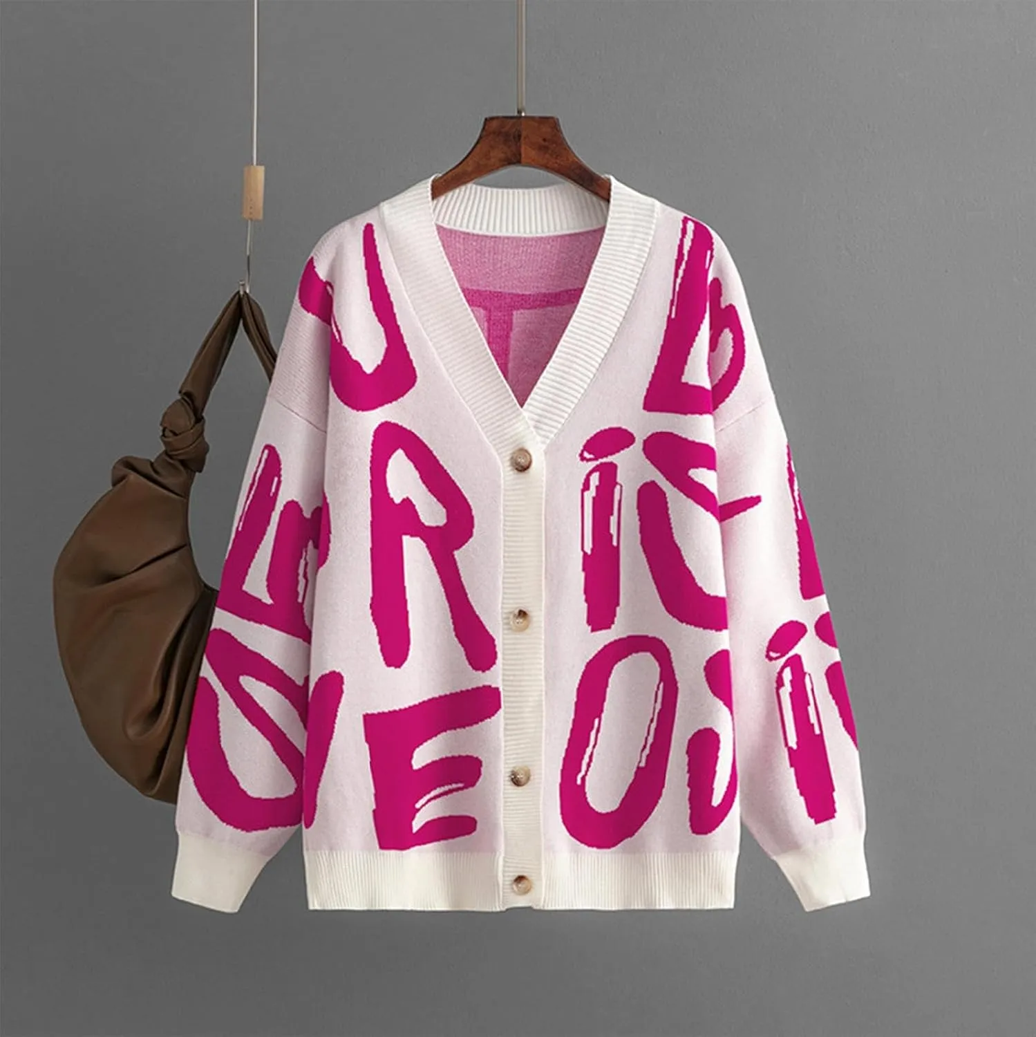 Women's Knit Long Sleeve Open Front Cardigan V-Neck Button Down Letter Pattern Sweater Coat Outwear