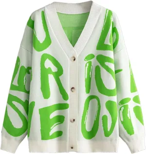 Women's Knit Long Sleeve Open Front Cardigan V-Neck Button Down Letter Pattern Sweater Coat Outwear