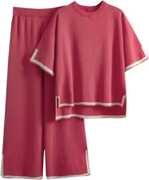 Women's Knitted Two Piece Suit Knit Pullover Pullover Tops Wide Leg Pants 2 Piece Outfits Loungewear Casual Sweatsuit (Hot Pink, One Size)