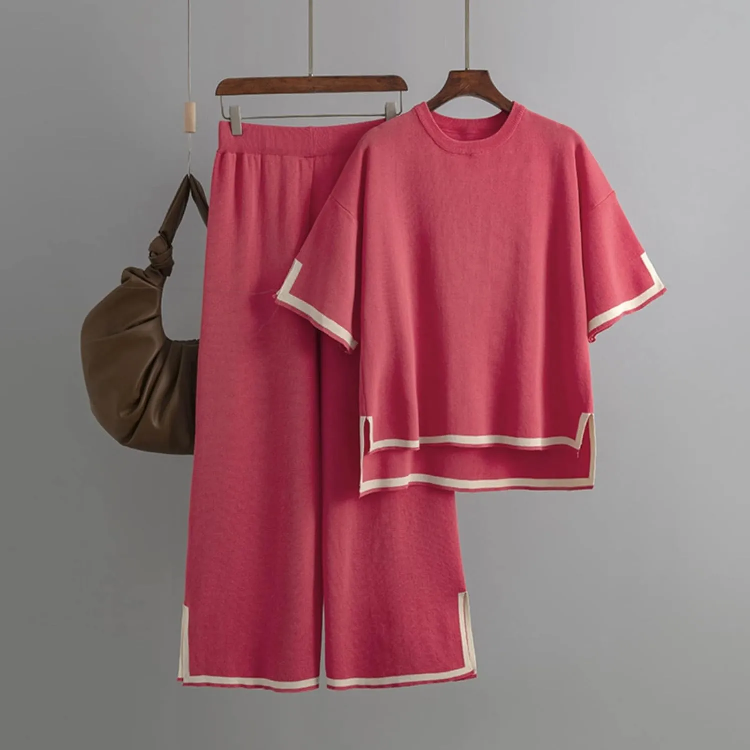 Women's Knitted Two Piece Suit Knit Pullover Pullover Tops Wide Leg Pants 2 Piece Outfits Loungewear Casual Sweatsuit (Hot Pink, One Size)
