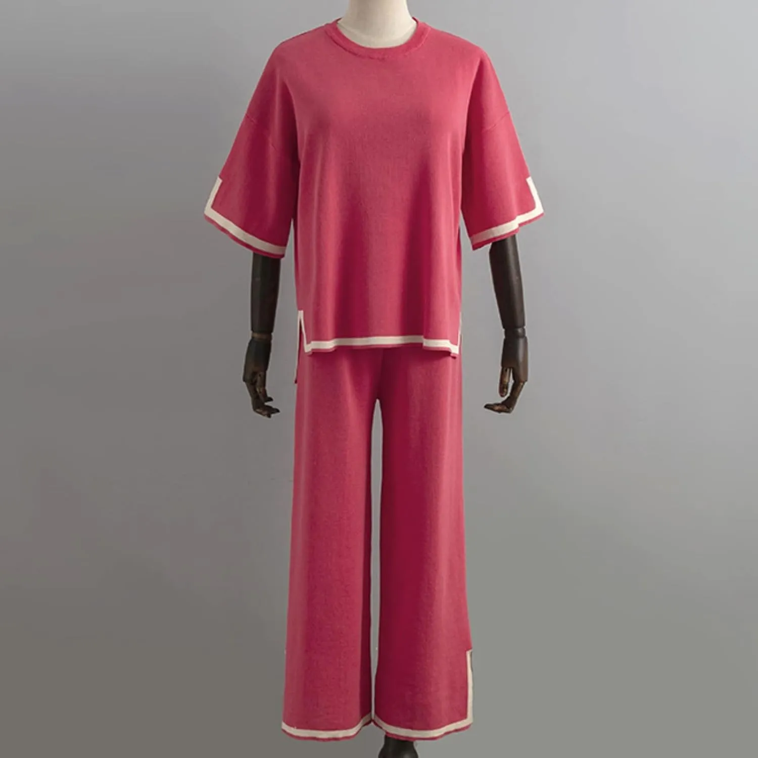 Women's Knitted Two Piece Suit Knit Pullover Pullover Tops Wide Leg Pants 2 Piece Outfits Loungewear Casual Sweatsuit (Hot Pink, One Size)